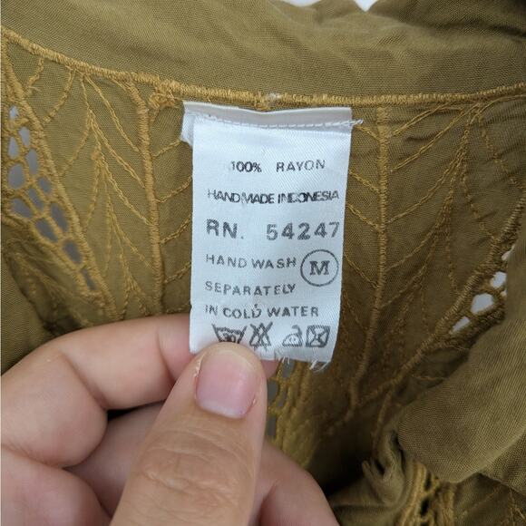 Vtg 70s Olive Green Embroidered Front Button Blouse Collared Sz M Crochet Hippie - Picture 3 of 3